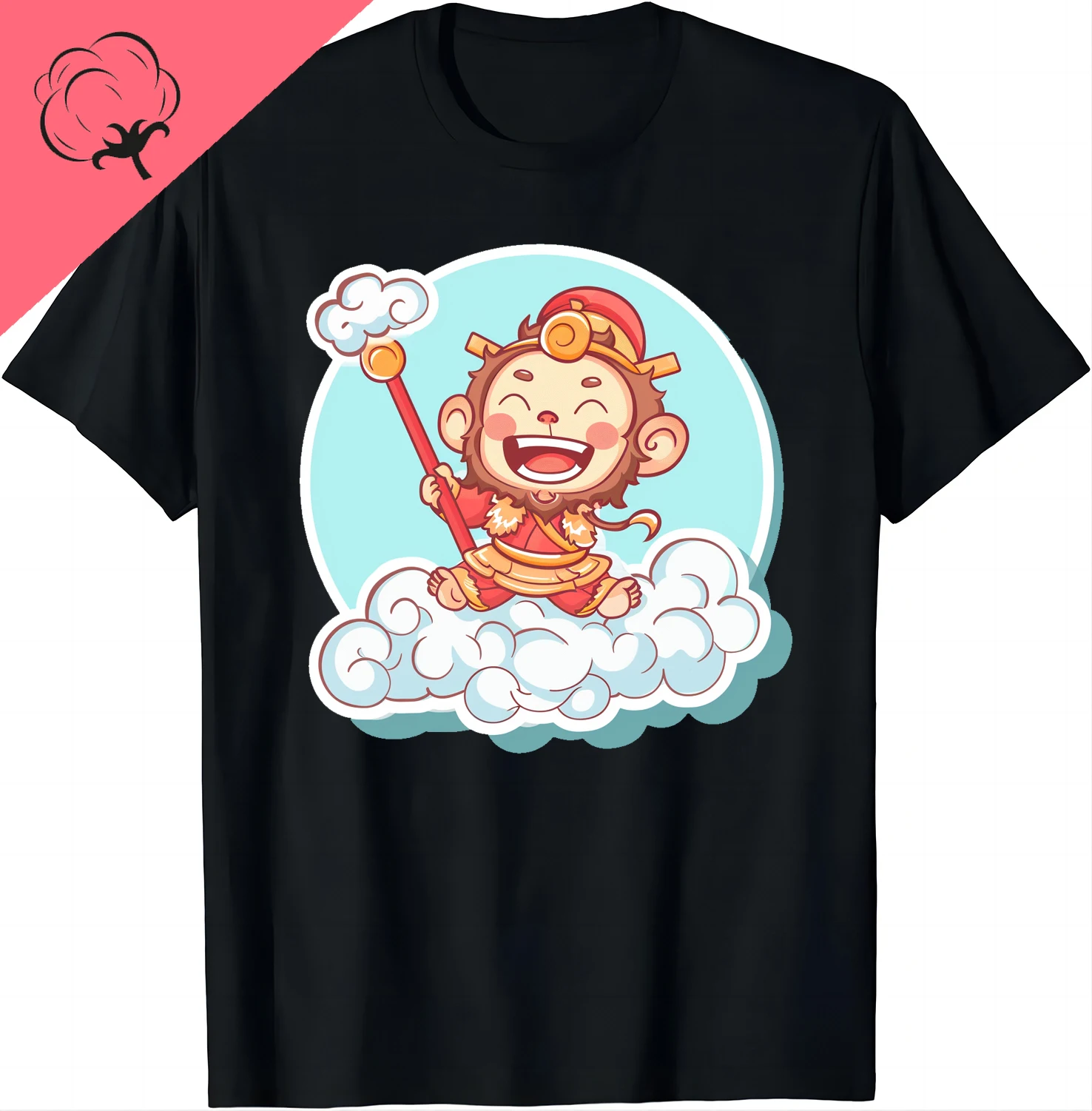 Chinese Culture Inspired: Cute Monkey Wealth & Prosperity Tee Cotton Cute Sun Wukong Cartoon Design T Shirt Graphic T Shirts