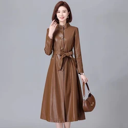 Nouveau Femmes Col montant Veste en cuir Automne Hiver Mode Classique Simple boutonnage À Lacets Mince Trench-Coat Long Cuir fendu