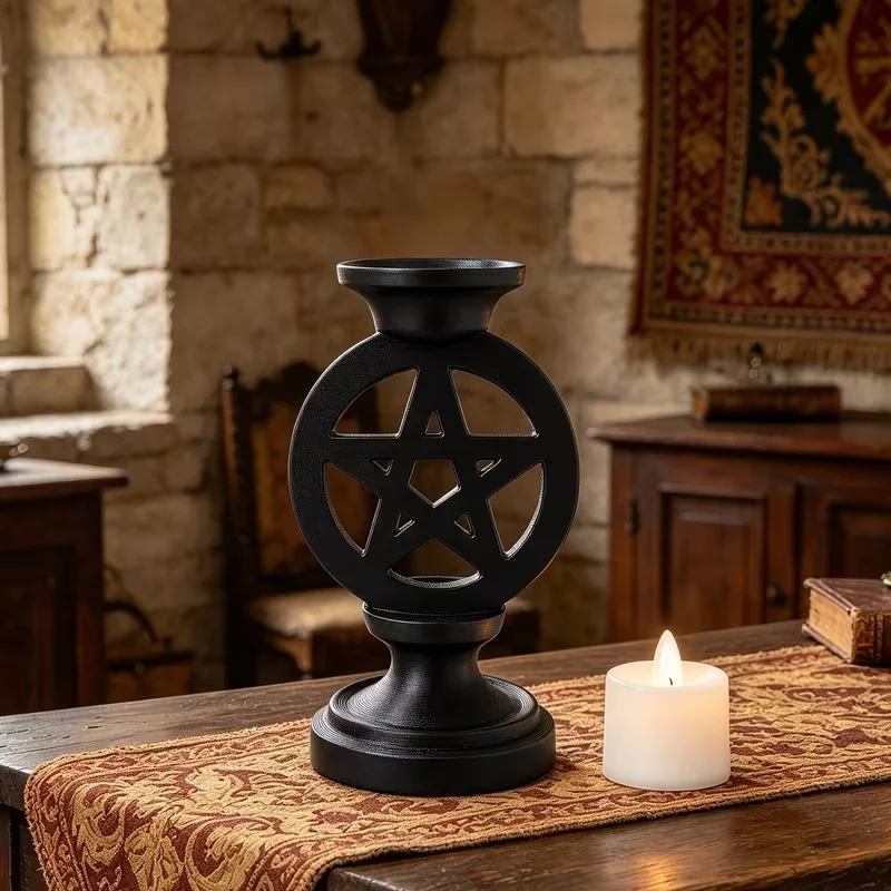 Black Pentagram Desktop Organizer Set with Gothic Column Candle Holder Suitable for Electronic Candles Ceremony Desktop Decor