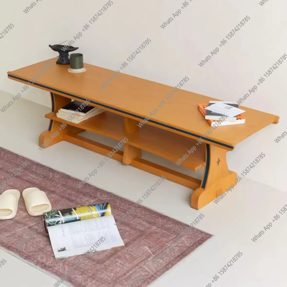 

Medium-sized style solid wood home coffee table small apartment rectangular tea table modern simple bench shelf