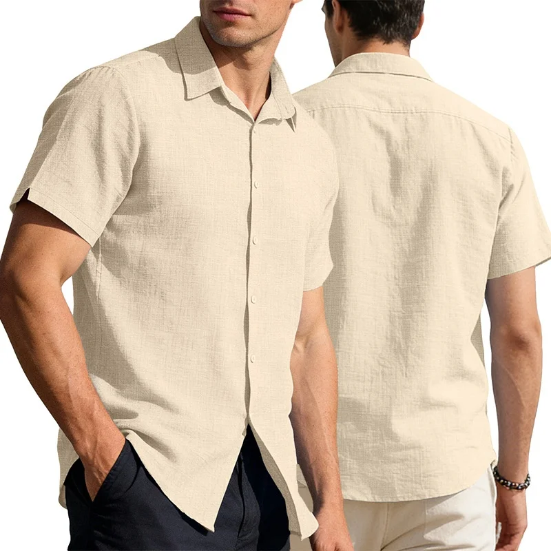 

Men's Casual Short Sleeve Shirt with Buttons Pure Color Collar Business Casual Cotton Wear for Summer Spring Autumn