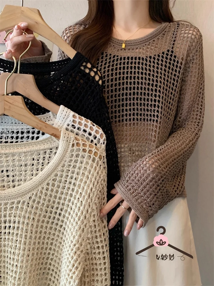 

Spring Summer Women's Knitted Hollow out Loose Fit Long Sleeve Thin round Neck Pullover Versatile Top Fashionable Cover up