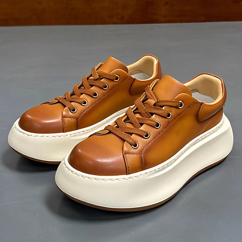 

New Men Skate Shoes Fashion Breathable Lightweight Sneakers Thick-sole Height Increasing Genuine Leather Casual Board Shoes
