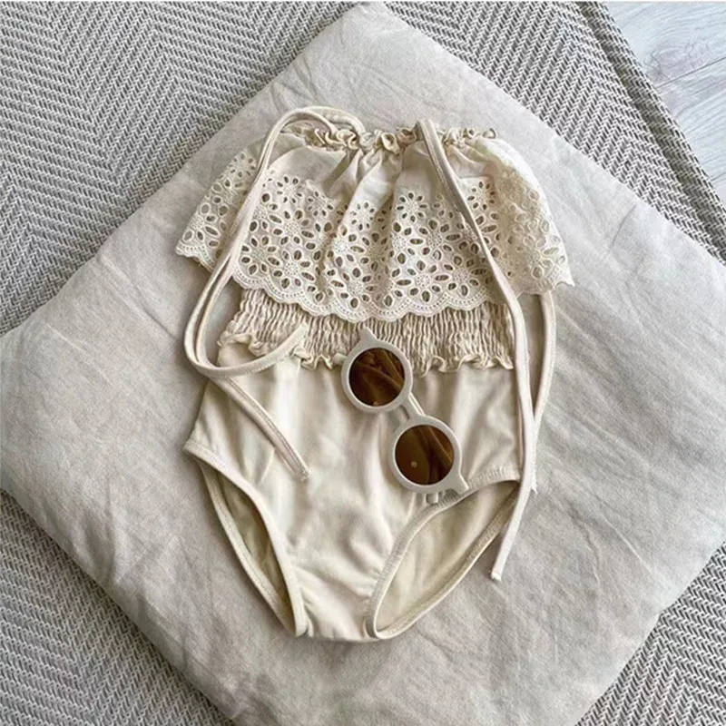 deer jonmi 2026 Summer Korean Style Baby Girls Swimsuits Lace Hollow Out Toddlers Kids Beach Vacation Bikini Children Swimwear