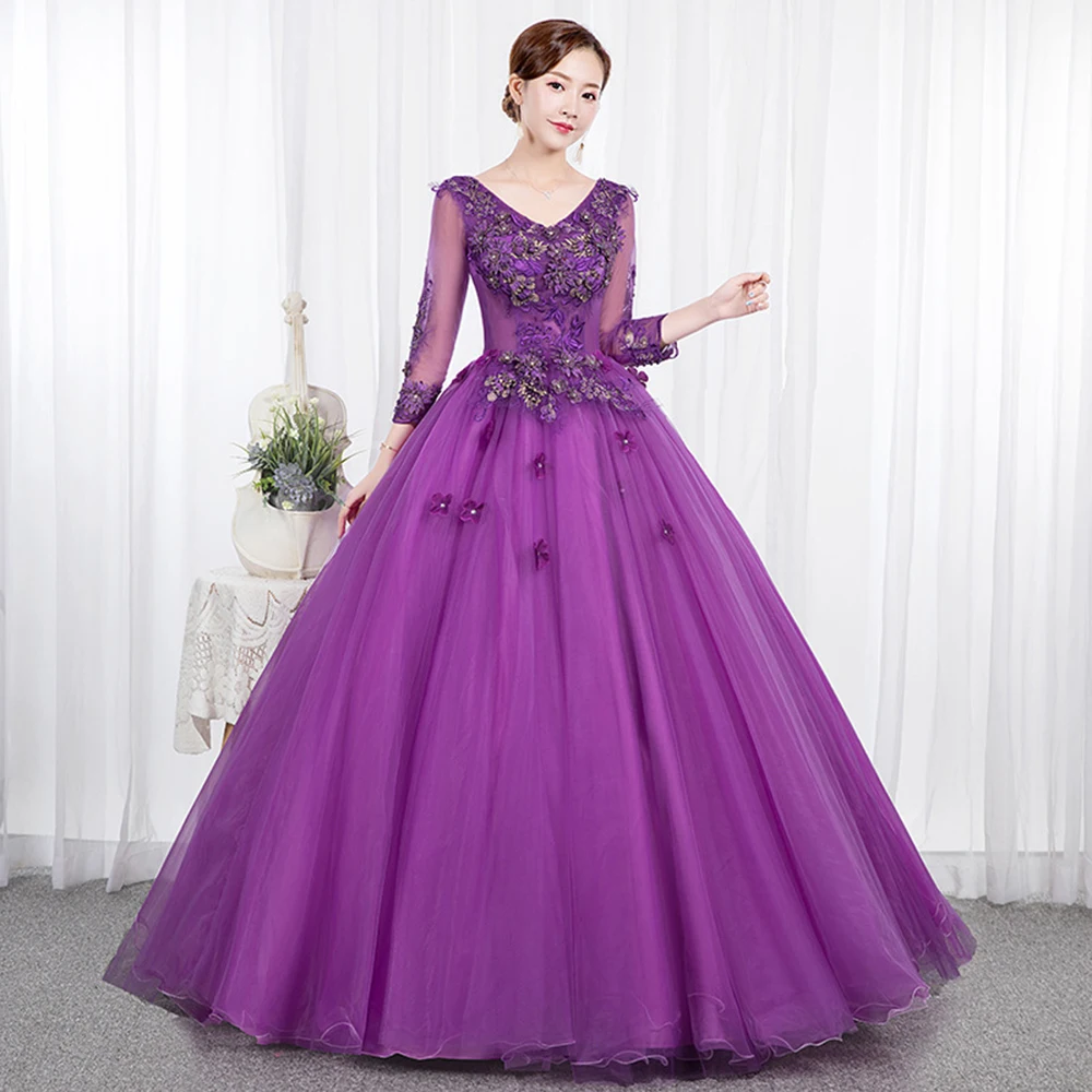 Elegante Roxo Vestido De Baile Mulheres Vestidos Quinceanera Apliques Tule Evening Prom Party Vestidos Formais robes de soirée Abendkleider