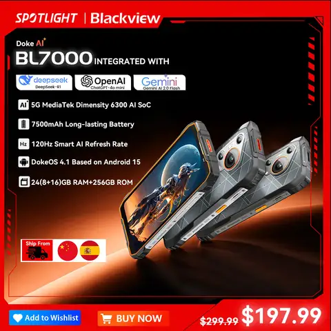 BLACKVIEW BL7000 5G AI 견고한 휴대폰 Deepseek GPT 안드로이드 15 스마트폰, 6.78인치 HD+2.4K 디스플레이 120Hz, 24(8+16)GB 256GB, 7500Amh