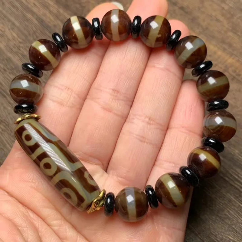 

Natural Tibetan Bright Face Agate A Line of DZi Beads with Nine Eye DZi Bracelet Men's and Women's Retro National Style Bracelet