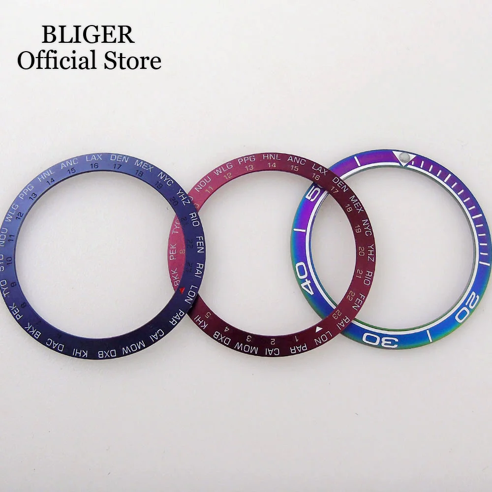 BLIGER 38mm*30.6mm Sloping Watch Bezel Insert Fit For 40mm GMT Automatic Mens Watch Bezel Ring Blue Red Purple