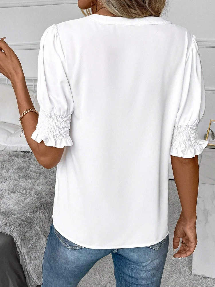 Blusa blanca elegante Para Mujer, camisa informal de manga corta abullonada con cuello en V, Color liso, 2024