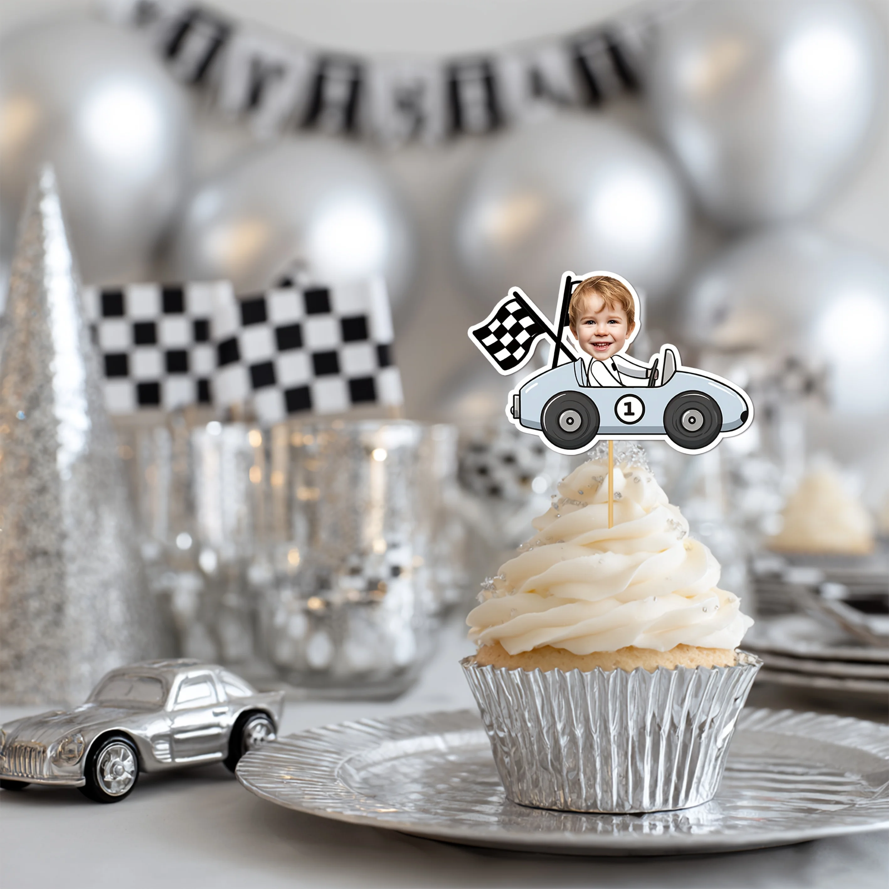 Personalized Racing-Themed Cupcake Decorations, Custom Racing Driver Face Cupcake Toppers, Suitable for 1St, 2Nd, and 3Rd Birthday Party Cake Decorations, Let's Go Racing Sports-Themed Supplies, Fast One/Two-Themed Racing Birthday Celebrations view 4