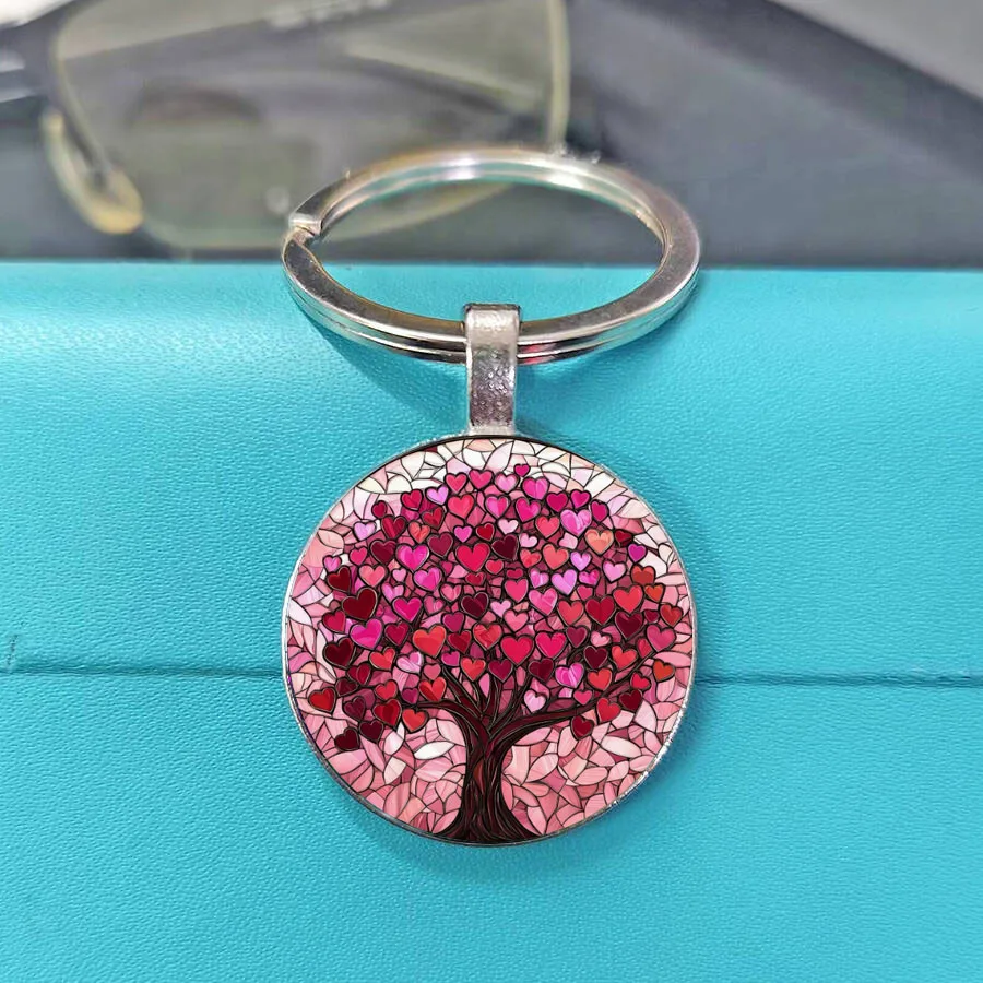 Valentine Stained Glass Heart Keychain, Red Floral Rose Pattern Round Glass Key Holder, Romantic Love Bag Ornament Gift for Her