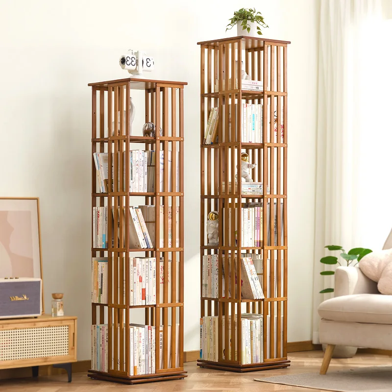 Light luxury multi-layer rotating bookshelf, bamboo rotating bookshelf, floor standing bookshelf, living room storage rack