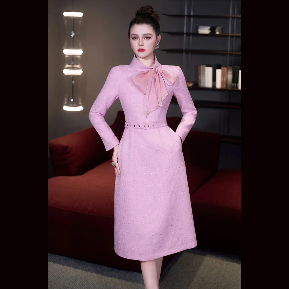 

Meyyithun Women's Dress New French Elegant Formal Slim Dres Sequins Bandage Bow Robe Party Business Dress