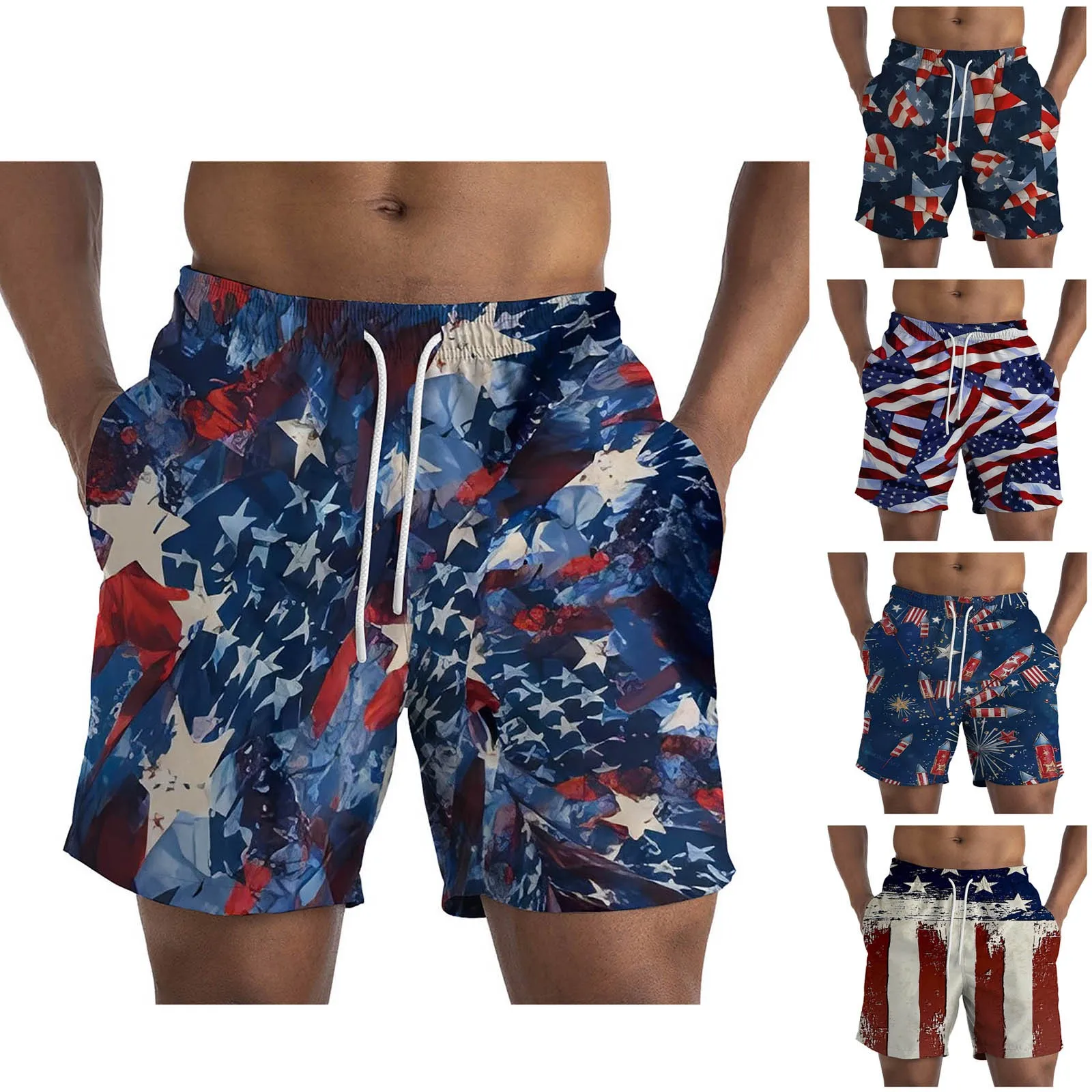 Independence Day Men'S Print Loose-Fit Straight-Leg Beach Shorts Quick Dry Fashion Printed Surfing Swim Trunks Summersuits 2024