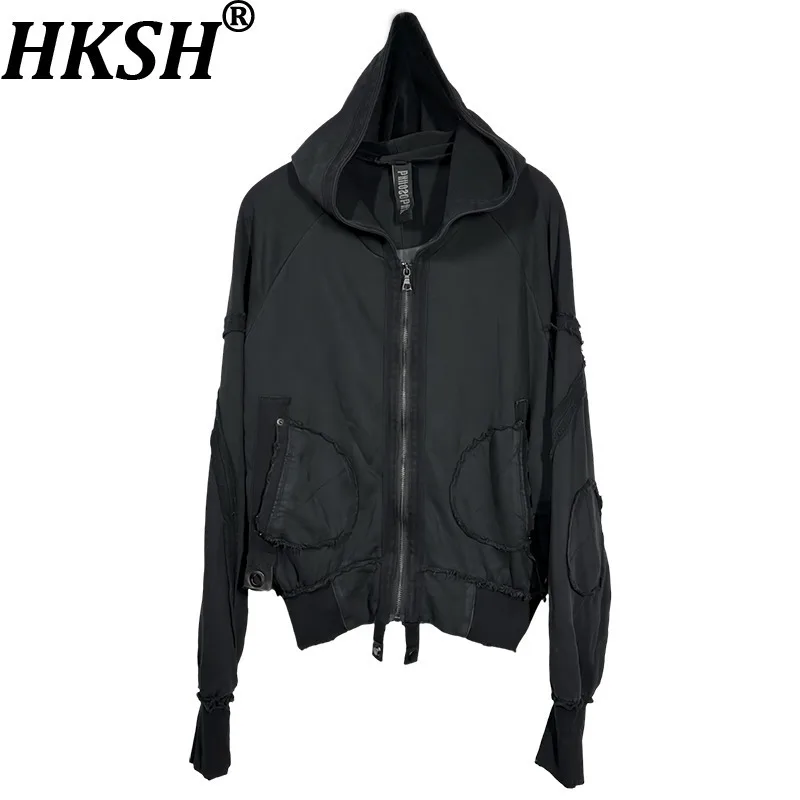 

HKSH Autumn New Men Tide Punk Waste Land Dark Deconstructed Silhouette Patchwork Heavy Vintage Hooded Cotton Sweatshirt HK14862