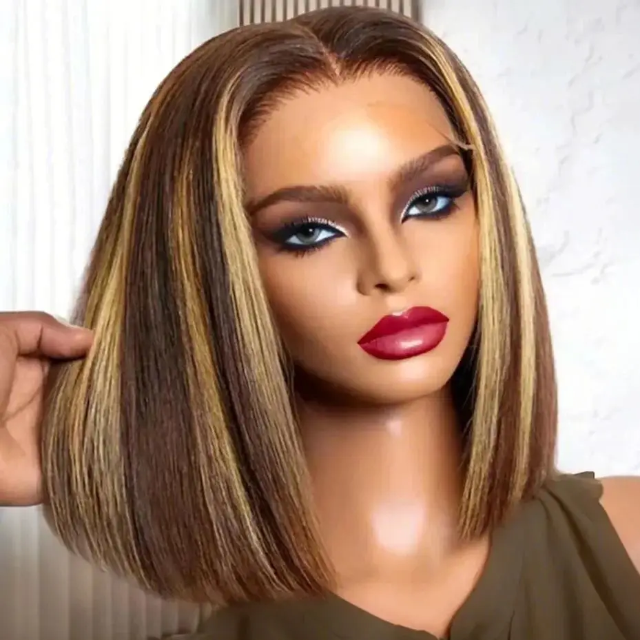 

4/27 Highlight Bone Straight Short HD 13x4 Lace Frontal Human Hair Wigs Brazilian Brown Blonde Color Straight Short Bob Wig 200%