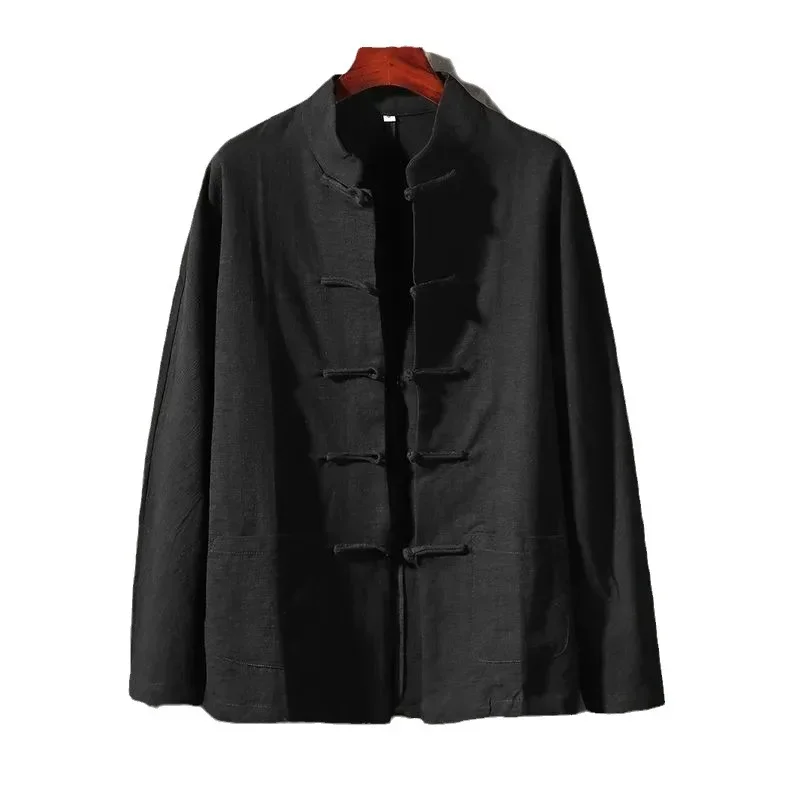 Plus Size Men Cotton Linen Shier Autumn Spring Men Collarless Long Sleeve Frog Button Loose Blouse Tops Oversized M-5XL