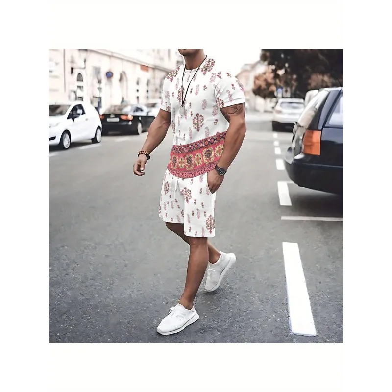 2025 Fashion New Trend Summer 3D Digital Printing Creative Casual Round Neck Short Sleeved Shorts Set Retro Men's T-shirt