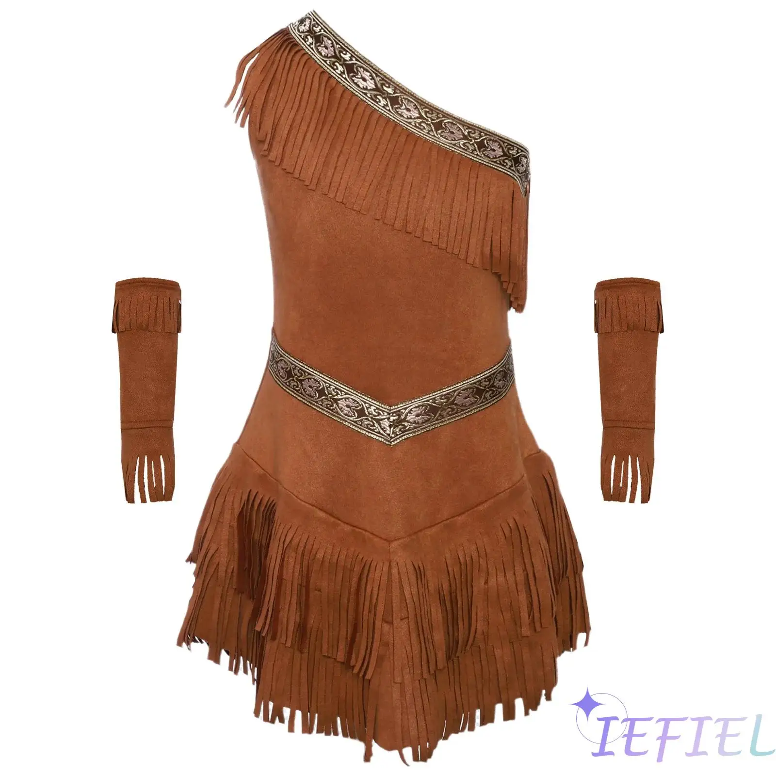 

Halloween Girls Cosplay Native American Princess Outfit Fancy Dress Costume Sleeveless Fringe Suede Dress with Tassel Sleeves