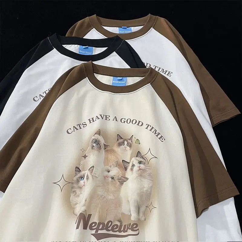 2023 Vintage Brown Raglan Sleeve Oversized T Shirts Cute Cats Printed Cotton Material Summer Tops Y2K Harajuku Korean Streetwear