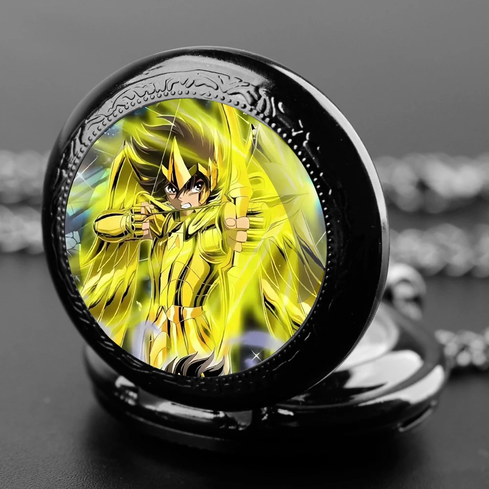 Saint Seiya Design Glass Dome Arabic Numerals Quartz Pocket Watch Necklace Pendant Clock Chain Mens Women Kids Gifts