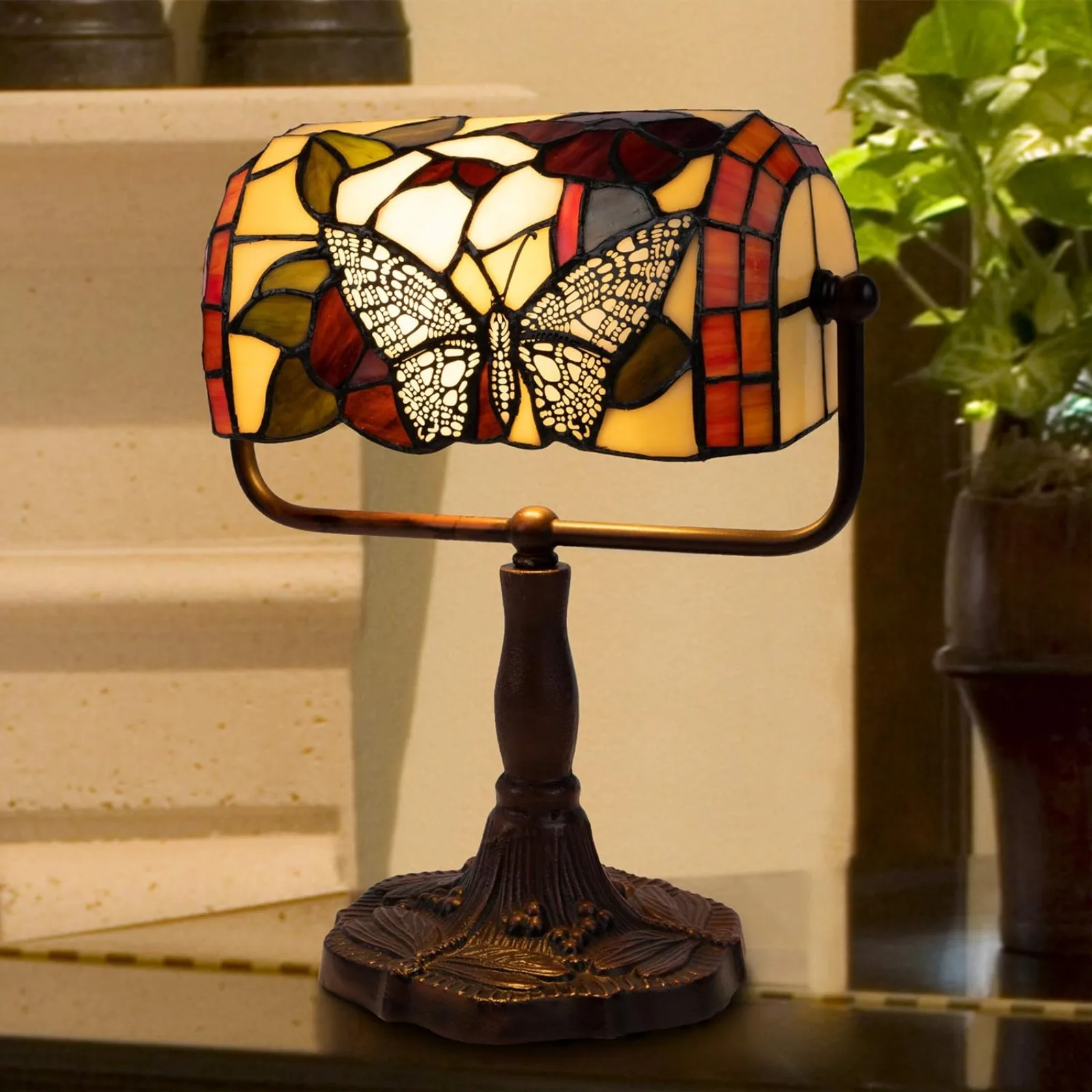 

US Tiffany Style Bankers Lamp-Stained Glass Butterfly Design Table or Desk Light LED Bulb Included-Vintage