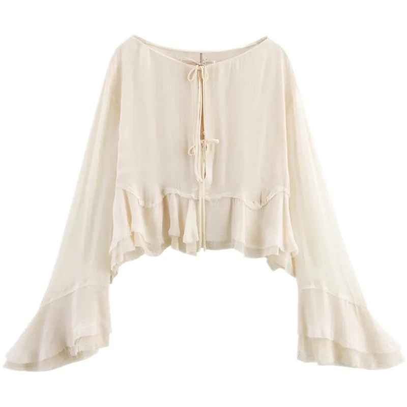 قميص نسائي فضفاض بأكمام جرس للربيع والصيف 2025، تصميم متعدد الاستخدامات، أنيق وعصري بأكمام طويلة، قميص أبيض