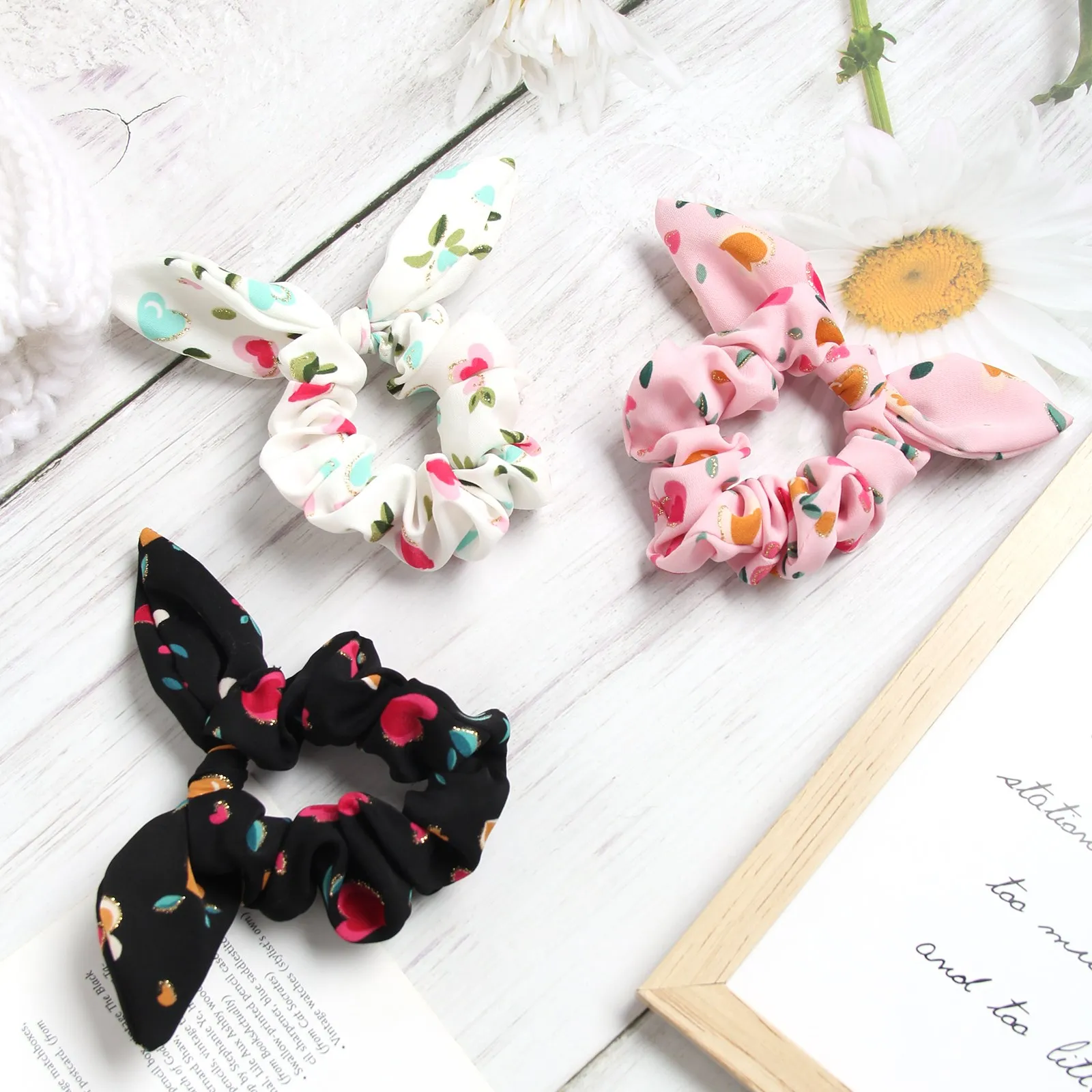 New Fashion Women Scrunchies Full Print Pattern Rabbit Ears Hair Ties Cute Head Band Ponytail Holder Girl Hair Accessories 