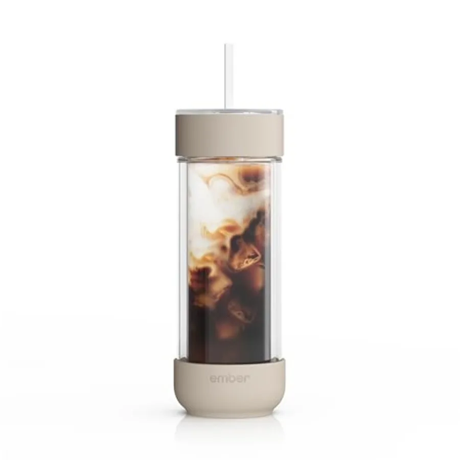Vaso Térmico de 16 oz, Vaso de Vidrio Aislado para Café Helado con Pajita y Tapa Antiderrames, Mantiene las Bebidas Frías, Elimina la Condensación
