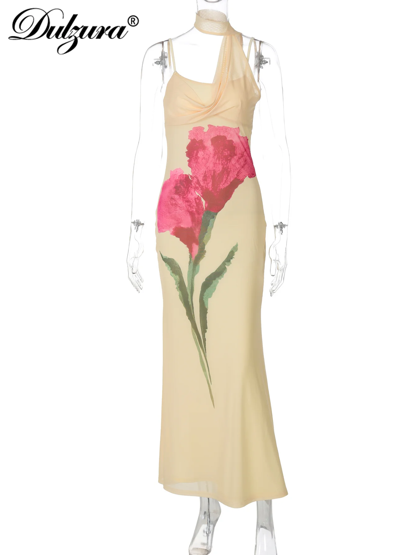 Dulzura Halter senza maniche senza schienale aderente con stampa floreale Cami Maxi abito sexy elegante casual abito lungo Party Club Summer Outfit