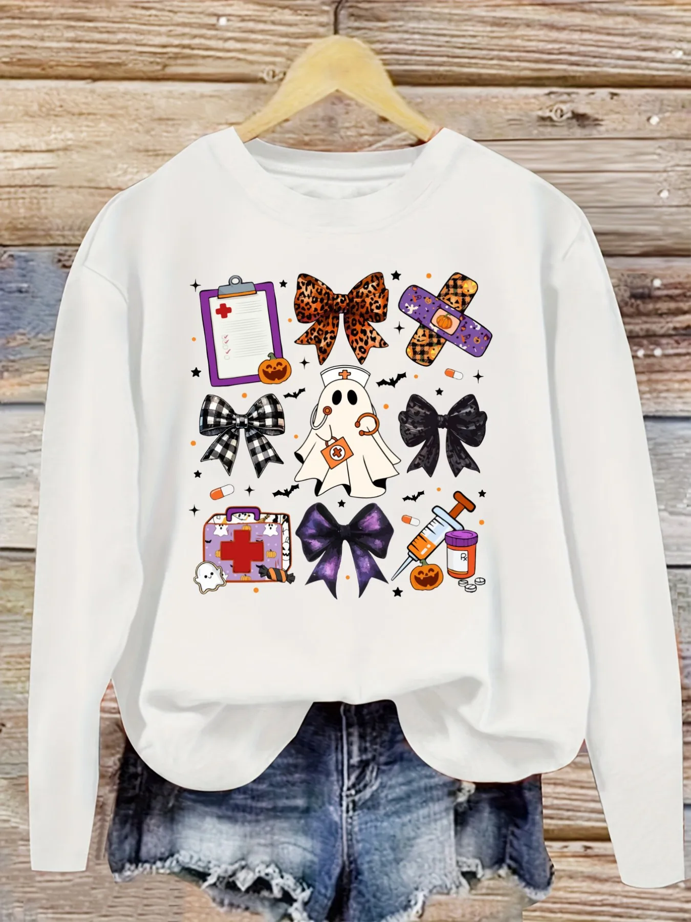 Women's Casual Long Sleeve Crew Neck T-Shirt Halloween Nurse Ghost Bow Prints Design, Round Neck Women's Clothing, Machine Washable, Slightly Elastic, Loose Fit, Spring Autumn Winter Women's T-Shirt, Halloween Costume Outfit view 5