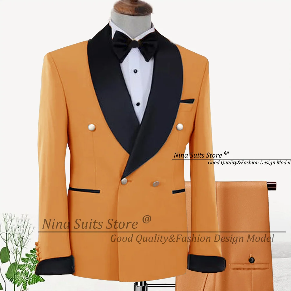 Nina Store Custom Made Men Suits Double Breasted Beige Grooms Wedding Costume 2024 Autumn Black Lapel Cuff Blazer Pants Sets