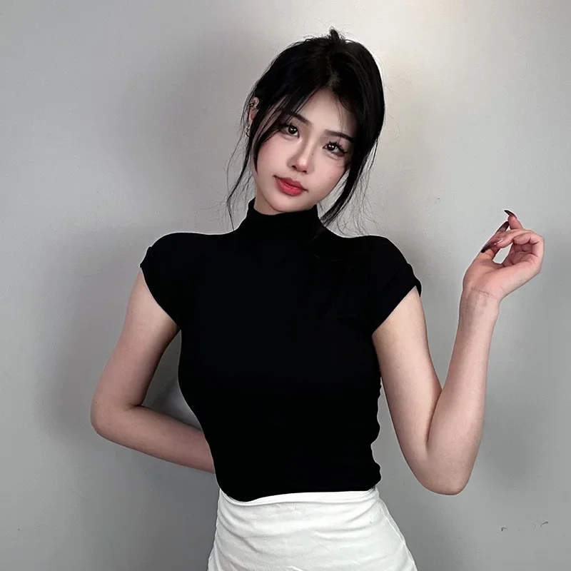 Slim Fit High Collar Short Sleeve T-Shirt Women Sexy Slimming Top Korean Dongdaemun Style Show Body Shape And Chest Size