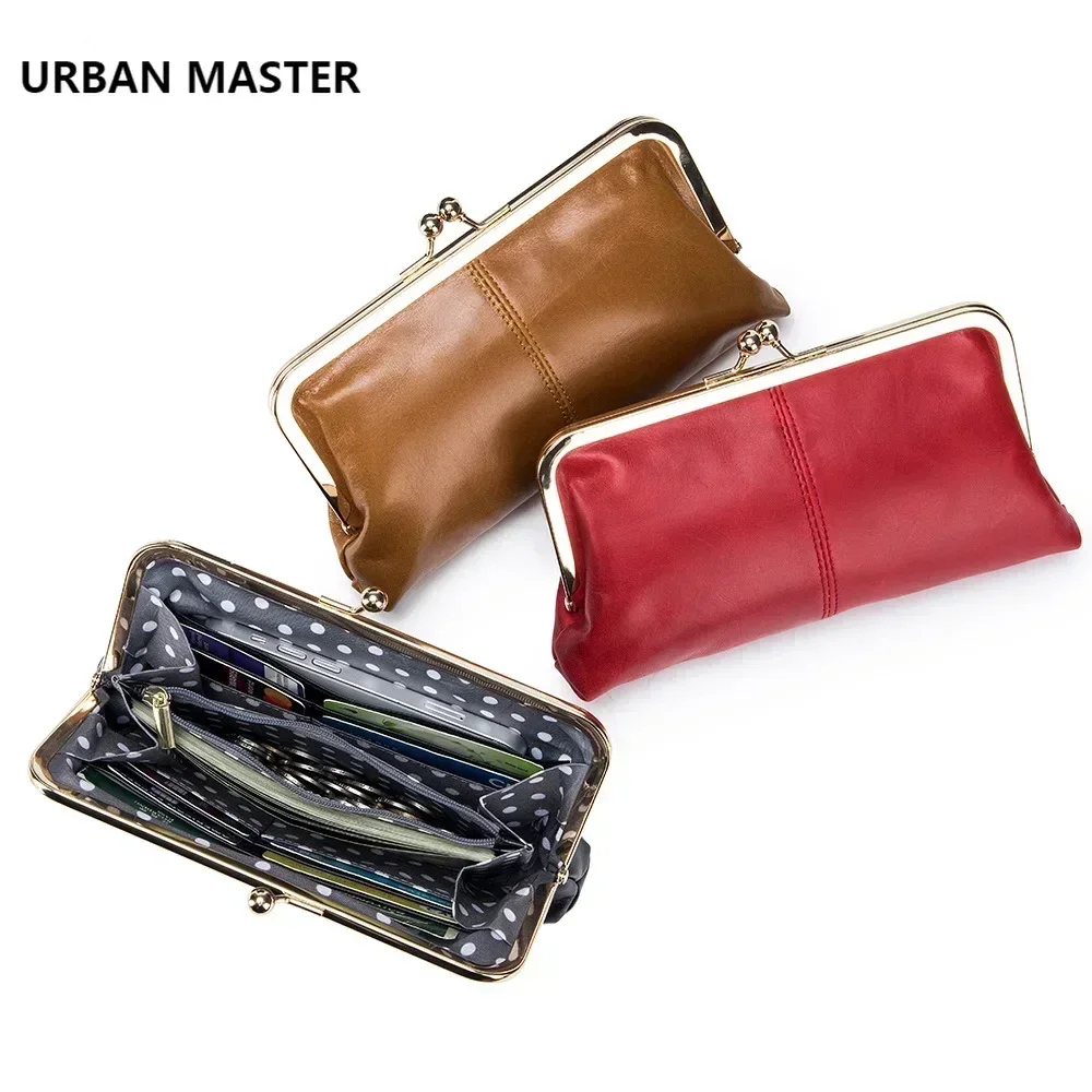 URBAN MASTER-cartera de cuero de vaca auténtico para mujer, cartera de mano larga con Clip Retro, bolso de almacenamiento dorado con boca Simple,