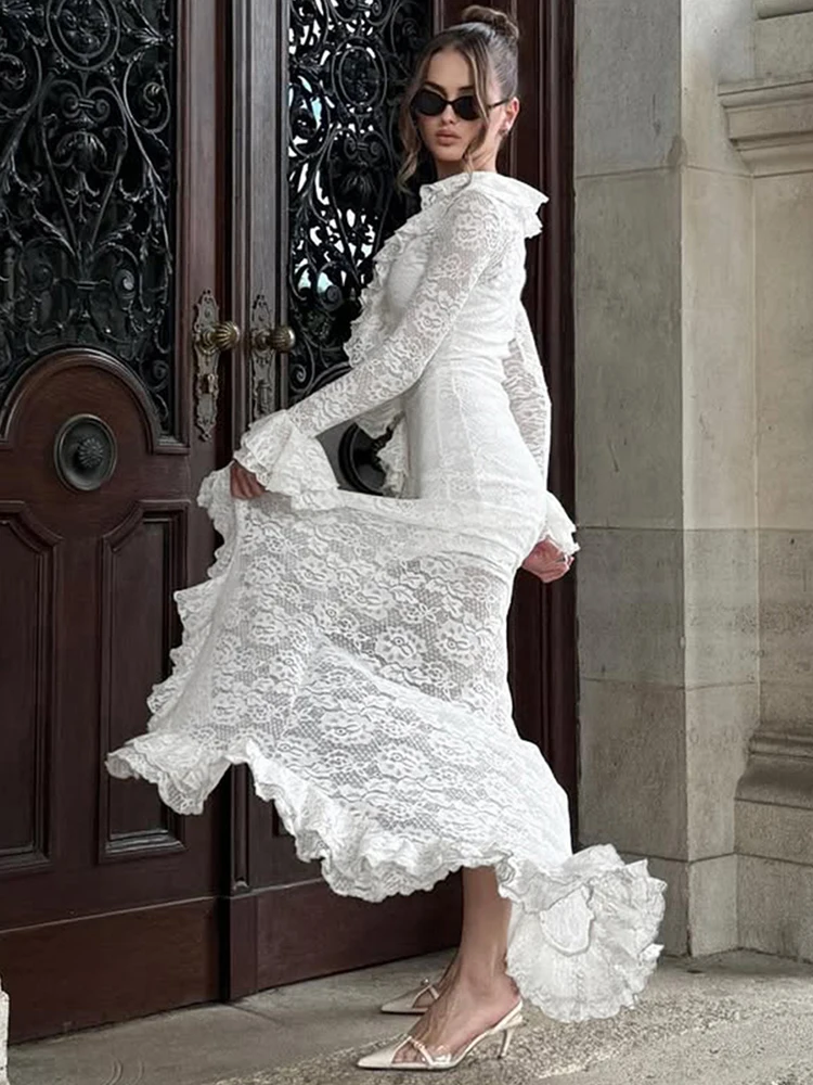 Cutenew Lace Stacked Women Maxi Dresses Romantic French Full Sleeve Ruffle Neck Split Bodycon Female Sexy Sheer Trend Vestidos