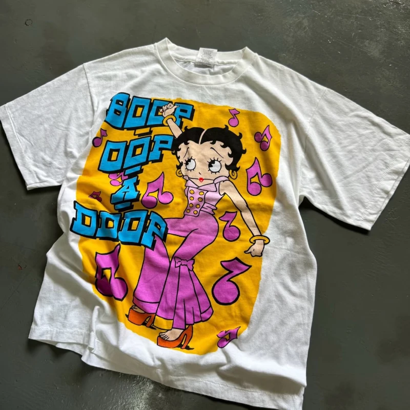 Miniso Betty Boop Y2k خمر 90s الكرتون أنيمي فضفاض ريترو قصيرة الأكمام الرجال والنساء الشارع الصيف موضة جديدة تي شيرت