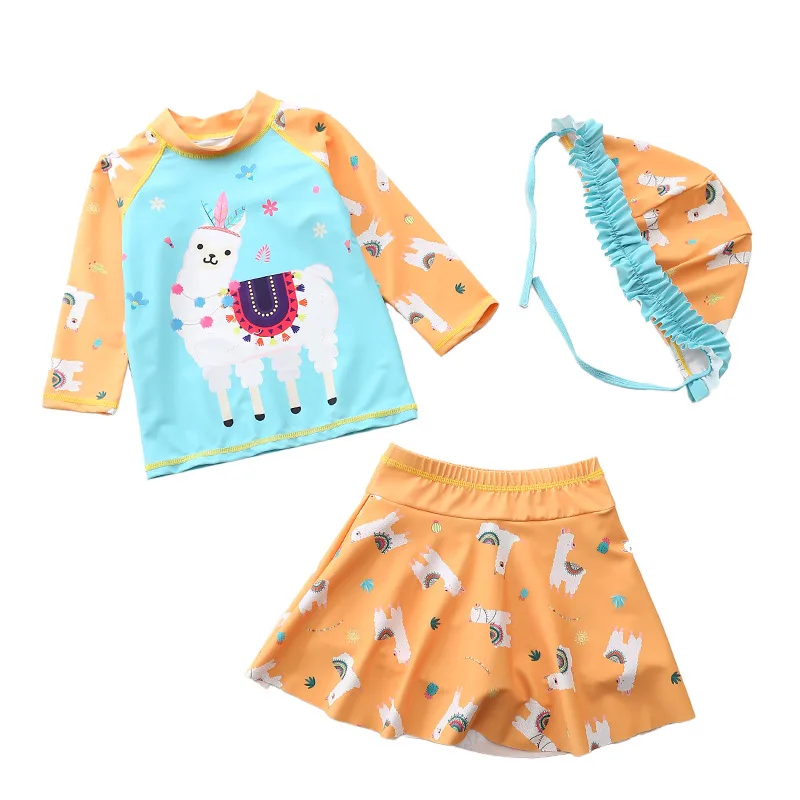 HappyFlute New Sheep Print Three-piece Sets  Long Sleeve With Lace Cap Cute Baby Girls Swimsuit