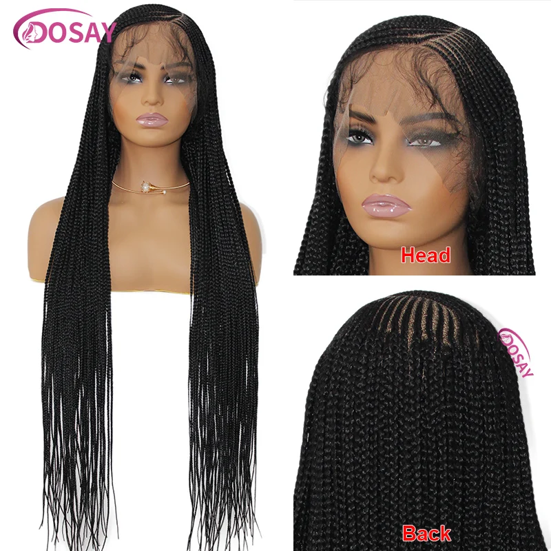 Wig kepang renda Cornrow 36 "bagian sisi Afro Wig Wig kepang keriting renda sintetis wanita Wig kepang kotak tanpa simpul dengan rambut bayi