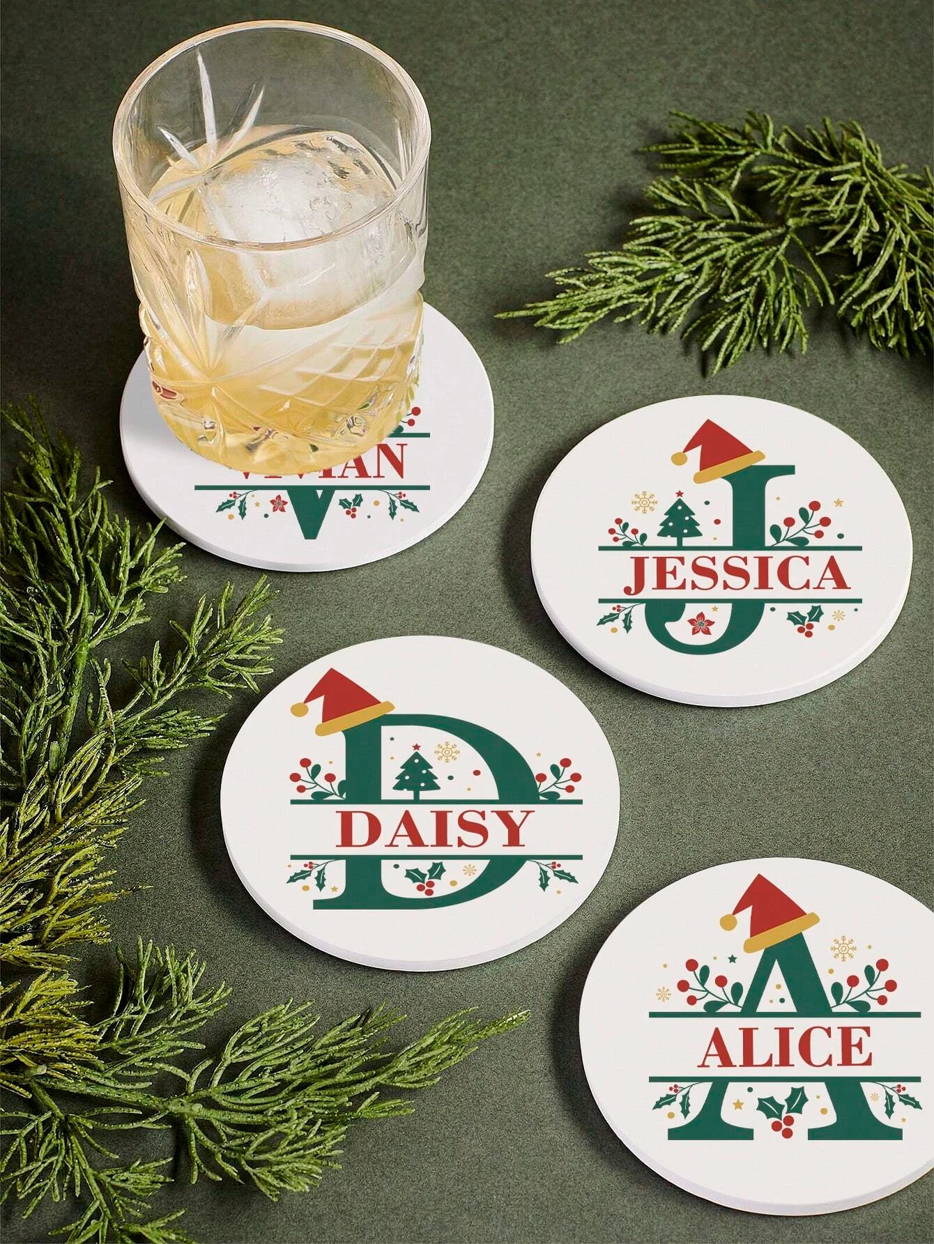 1pc Personalized Christmas Letter Shape Ceramic Coaster,Custom Name And Letter Design,Holiday Gift Essential,Christmas Decor