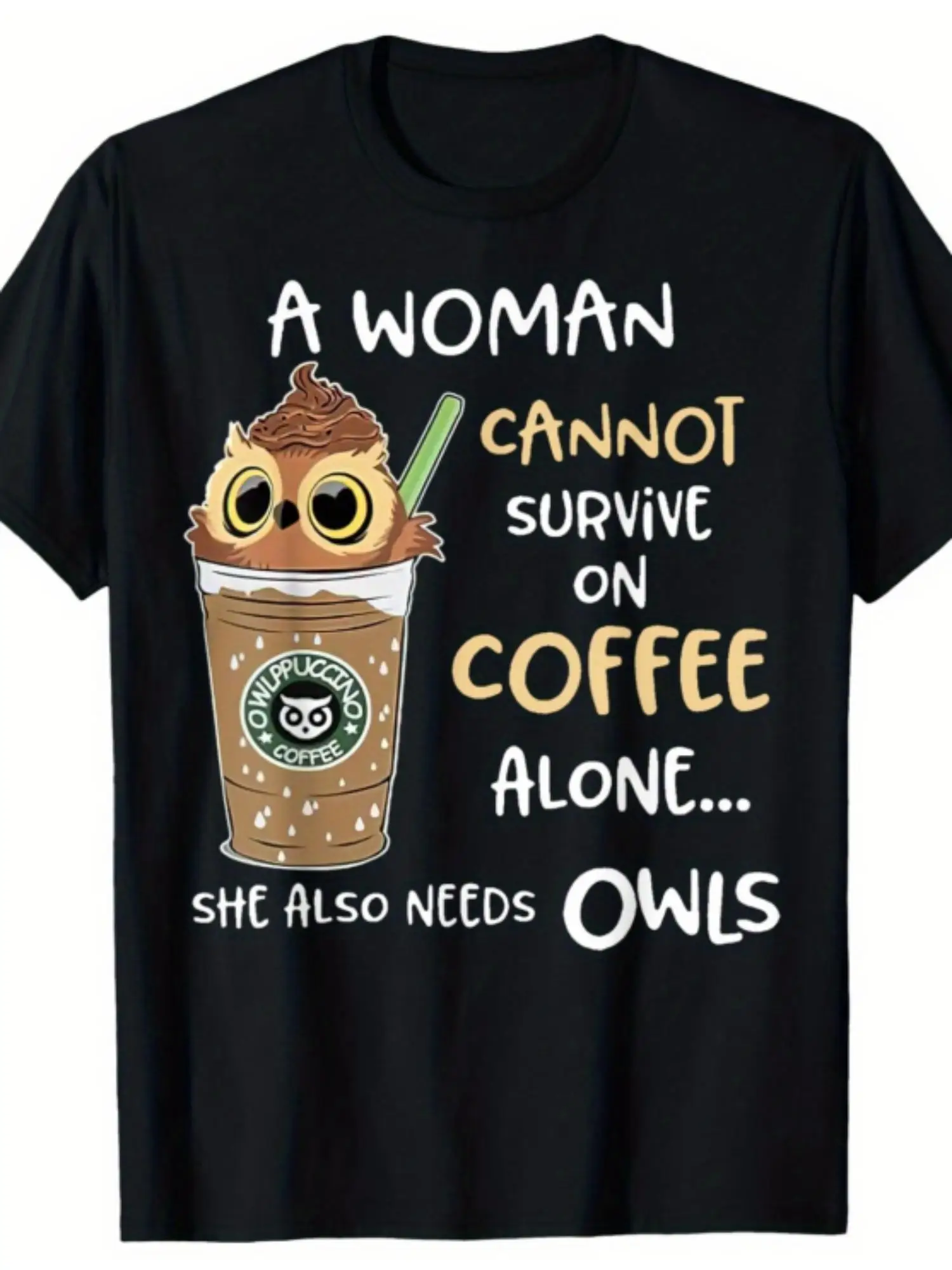 Unisex 100% Crew Neck T-shirt, Creative Printing of Owl and Coffee Cup - Breathable and Skin-friendly, Washable and Not Deformed, Long-lasting and Bright Pattern Colors - Suitable for Office Leisure, Library Study, Park Walk