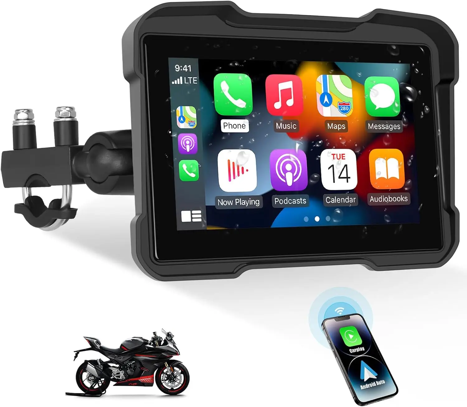

Motorcycle GPS Navigation with Wireless CarPlay, Android Auto, Dual Bluetooth, Waterproof, Siri & Google Assistant