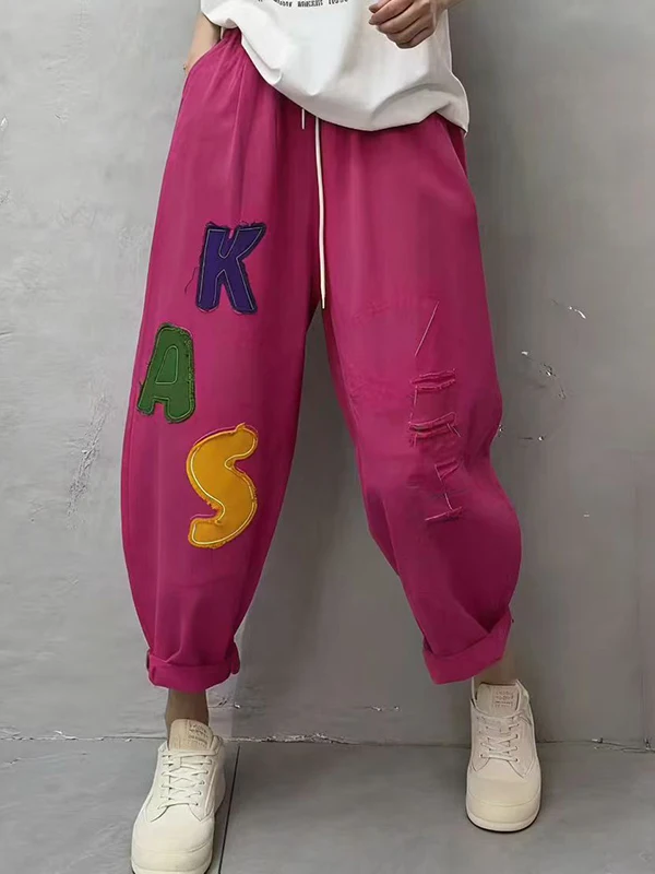 

Fashionable Embroidered Letter Thin Denim Jeans Women's Loose Casual Harlan Pants Cotton Polyester Spring Summer Jeans
