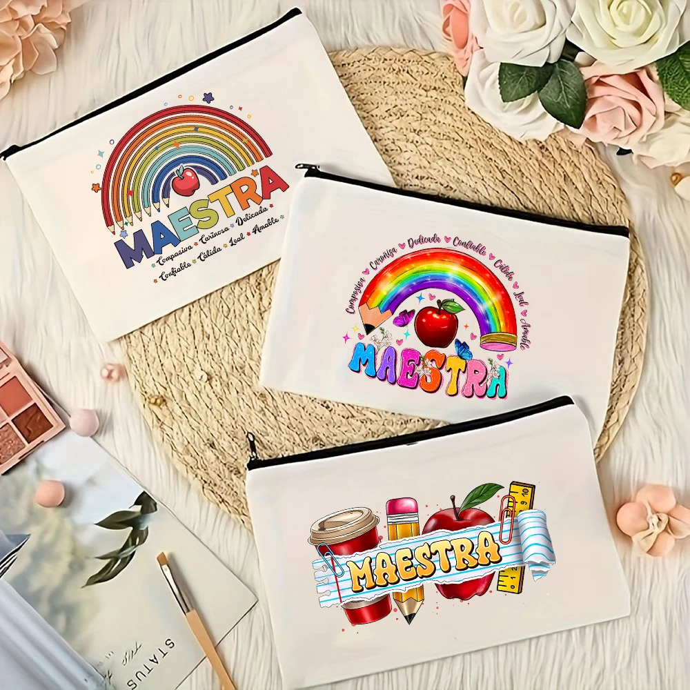 Maestra Teacher Makeup Bag Rainbow Pen Print Storage Bag Teacher Appreciation Cosmetic Bags Back To School Gift