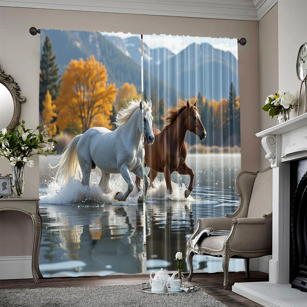 2pcs, spring summer Curtains Two Horses Semi-Sheer Curtains Versatile Polyester Fabric Decorations Perfect for Bedroom, Office,
