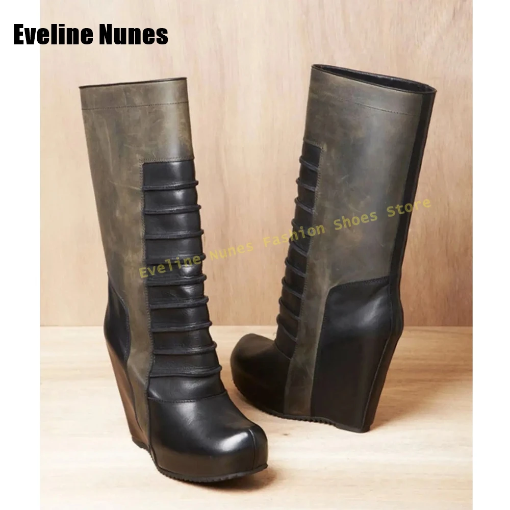 

Retro Wedge Pleated Fashion Boots Round Toe Mixed Colors Pull On Patchwork Women Knee High Boots 2025 Casual Shoes New Arrivals