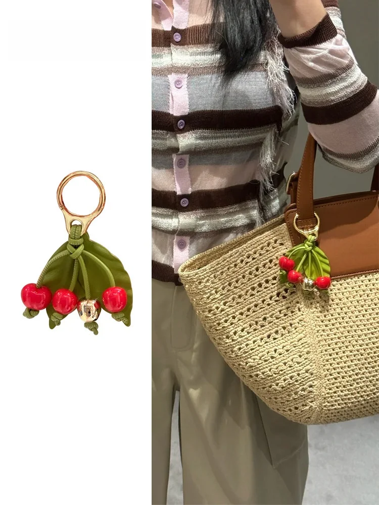 Cherry Shaped Genuine Leather Bag Charm Keychain Pendant for  Handbags Crystal Fashionable Bag Accessories