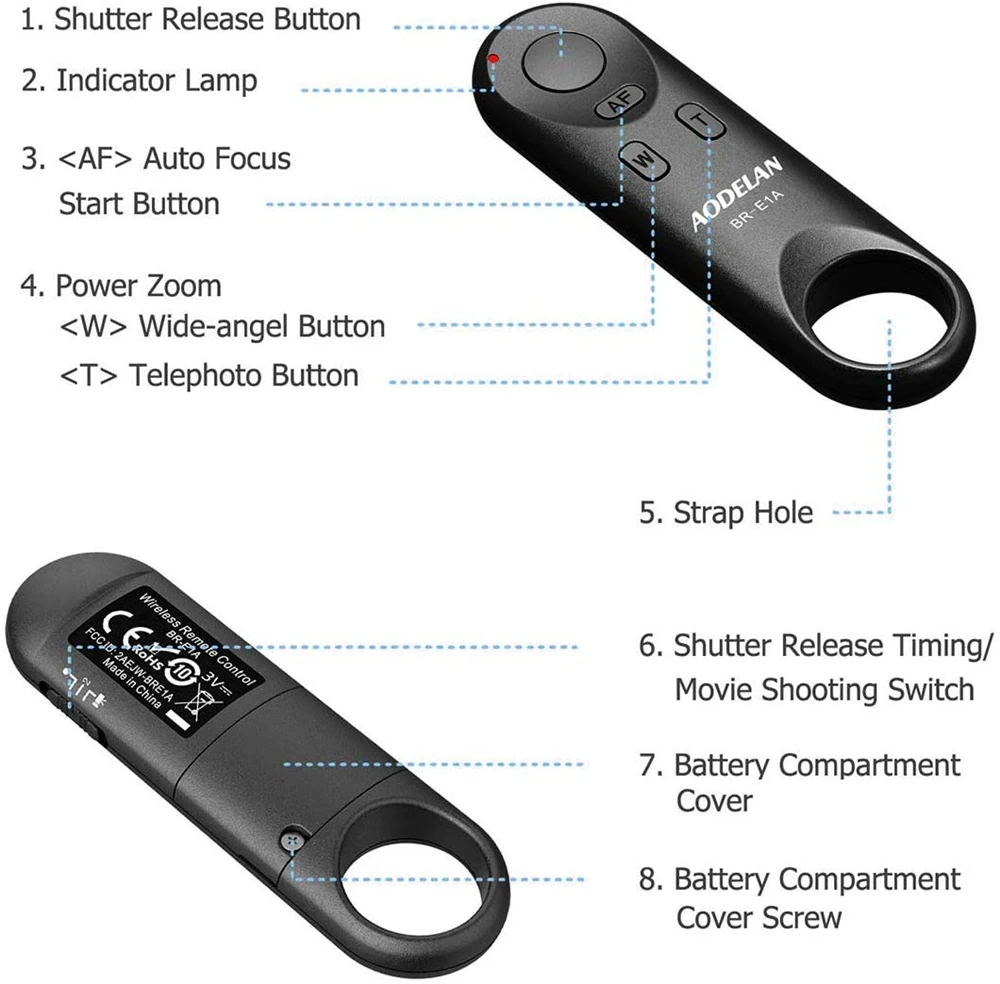 AODELAN BR-E1A Wireless Remote Control for Canon EOS R10 R6 R5C R RP M50II M6II 850D 200DII 250D G5X2 G7X3; Replace Canon BR-E1