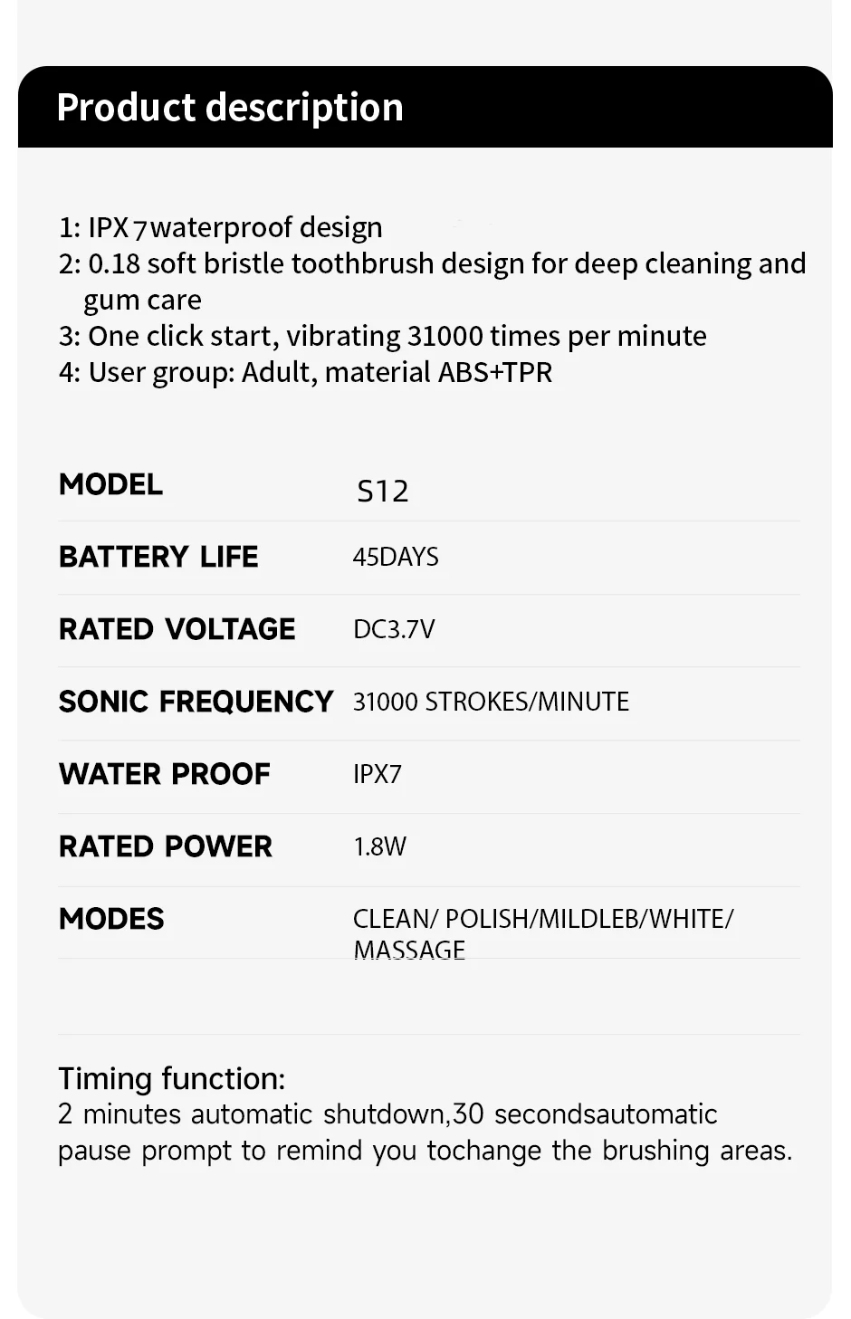 Jianpai Elektrische Zahnbürste für Erwachsene, männlich und weiblich, Hohlbechermotor, Typ-C-Aufladung, 5-Gang-Modus, elektrische Schallzahnbürste – Detail 1
