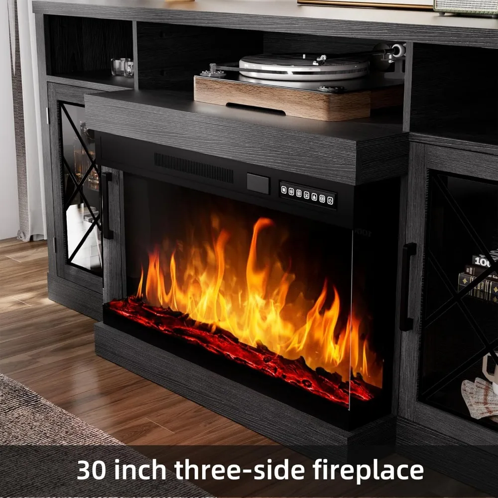 مركز ترفيه مدفأة زجاجية ثلاثية الجوانب مع مساحة تخزين وباب زجاجي لأجهزة التلفاز حتى 75 بوصة #3