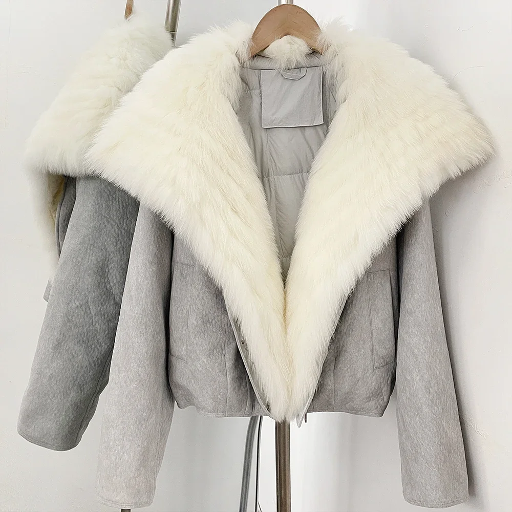 OFTBUY Dicke, kurze Daunenjacke für Damen, modische Jacke mit Reißverschluss und echtem Fell, gestreift, mit echtem Fuchsfellkragen, Daunenbekleidung. – Detail 12